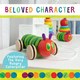 Kids Preferred Hungry Caterpillar wooden pull toy, top-down view, bright colors invite sensory exploration