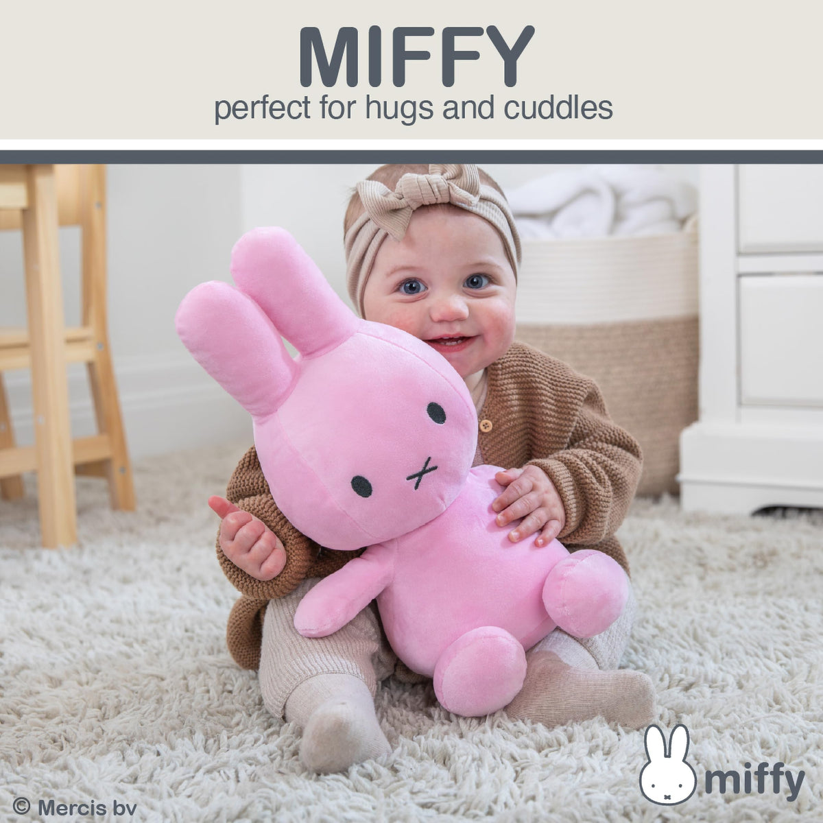 Kids Preferred Miffy embroidered face details invite safe, durable hugs