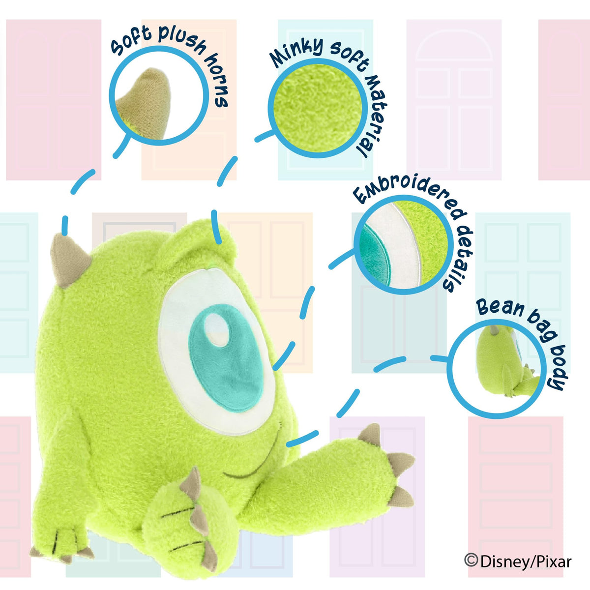 Bean-filled Mike Wazowski Cuteeze plush adds a satisfying squeeze during cuddle time.