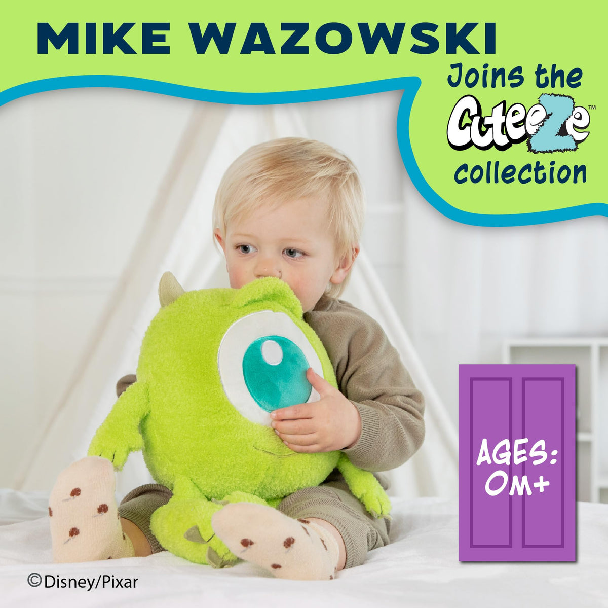 Mike Wazowski plush with ultra-soft fabric and crinkle ears for engaging sensory fun.