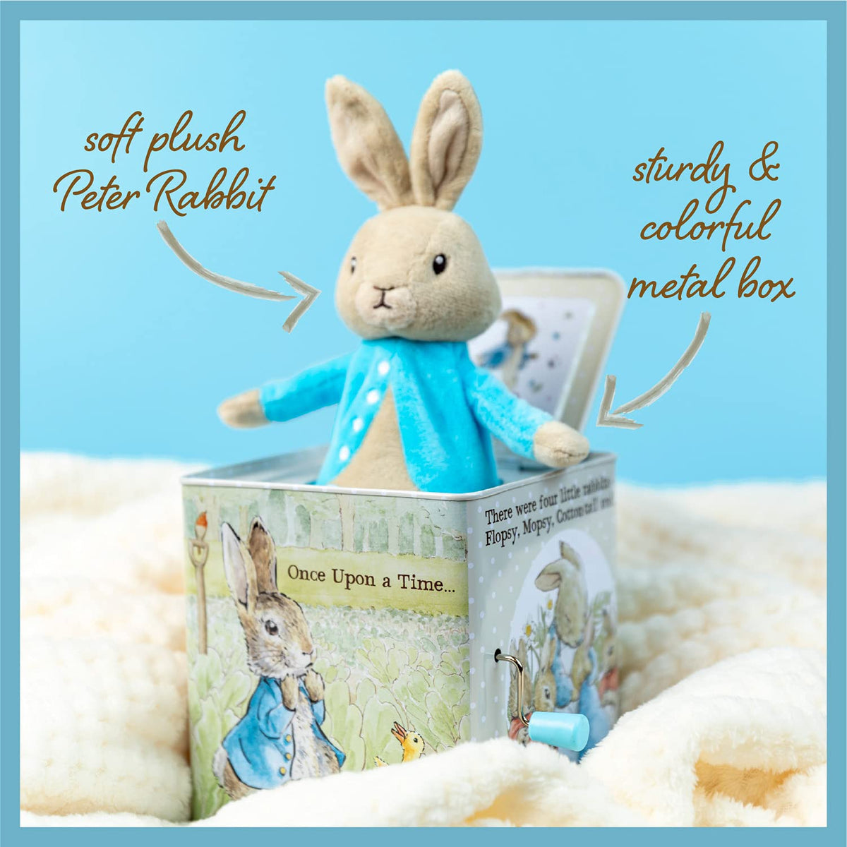 Plush Peter Rabbit within a durable box offers tactile play moments.