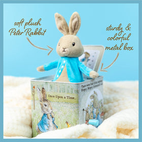 Plush Peter Rabbit within a durable box offers tactile play moments.