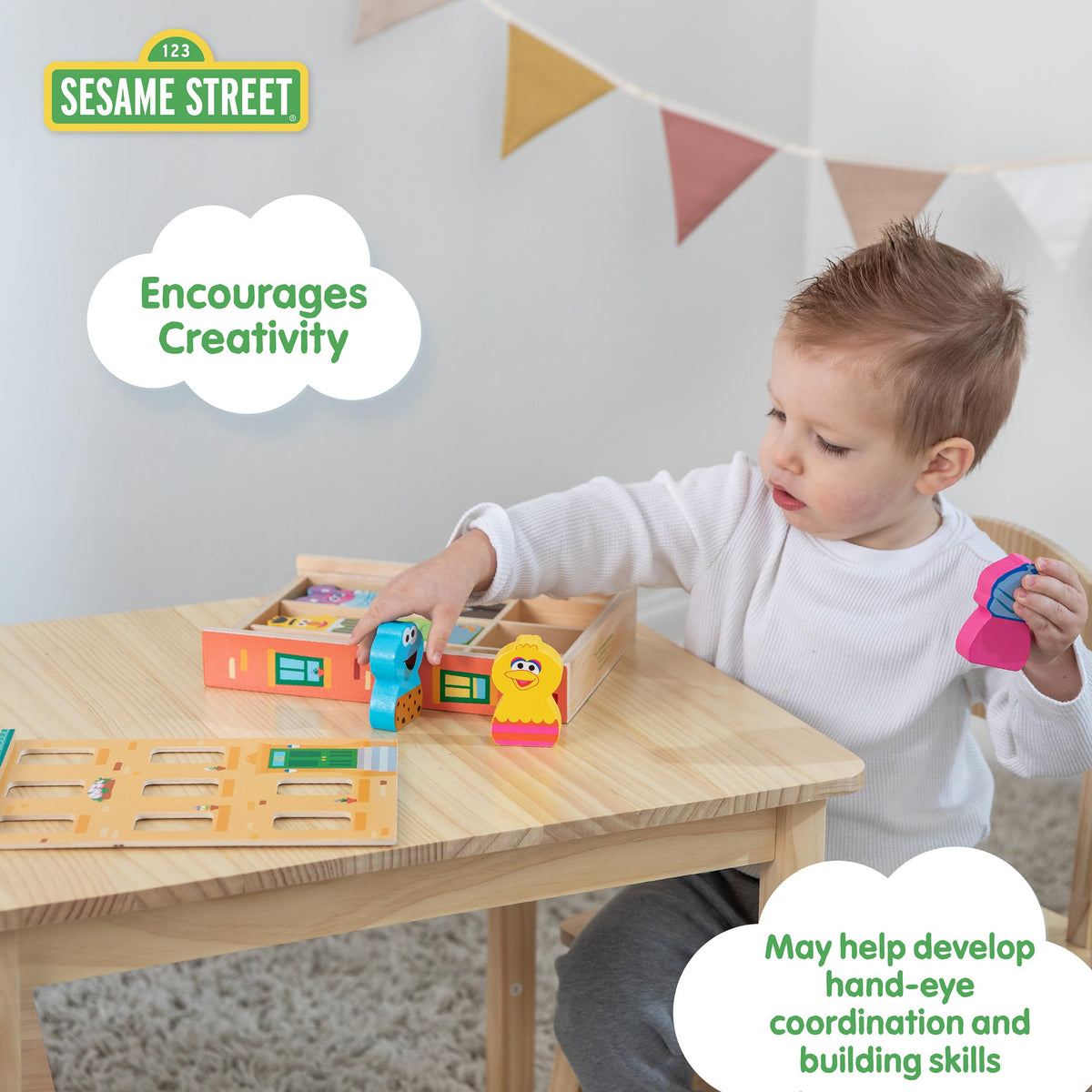 Kids Preferred Sesame Street character blocks feature beloved friends for sorting.
