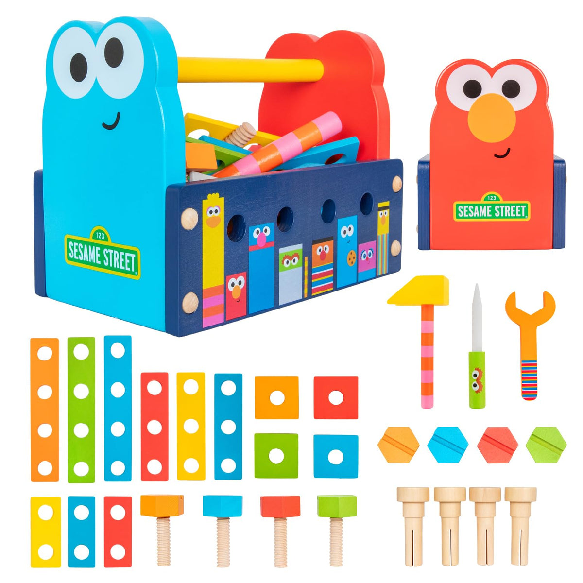 Kids Preferred Sesame Street Toolbox hammer for pretend play and fine motor practice.