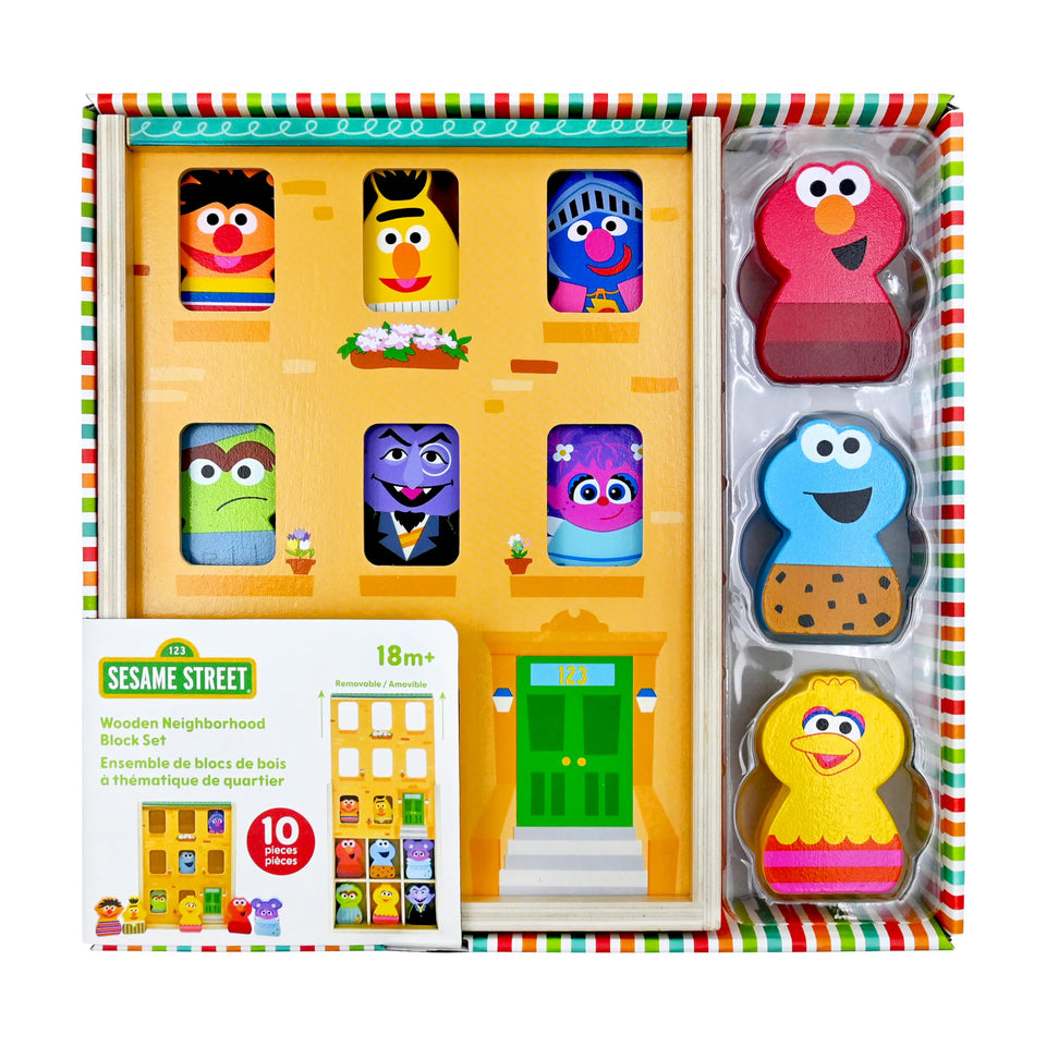Kids Preferred Sesame Street wooden brownstone blocks for imaginative play.