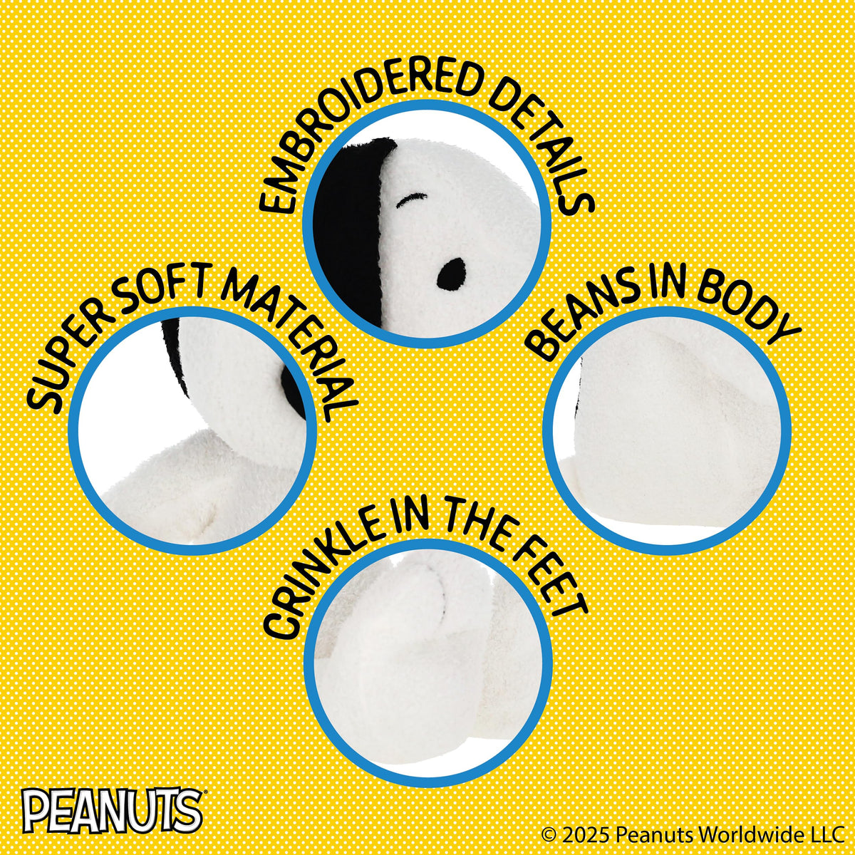 Crinkle feet on Snoopy Cuteeze plush provide tactile fun during sensory play and exploration.