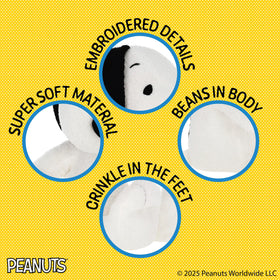 Crinkle feet on Snoopy Cuteeze plush provide tactile fun during sensory play and exploration.
