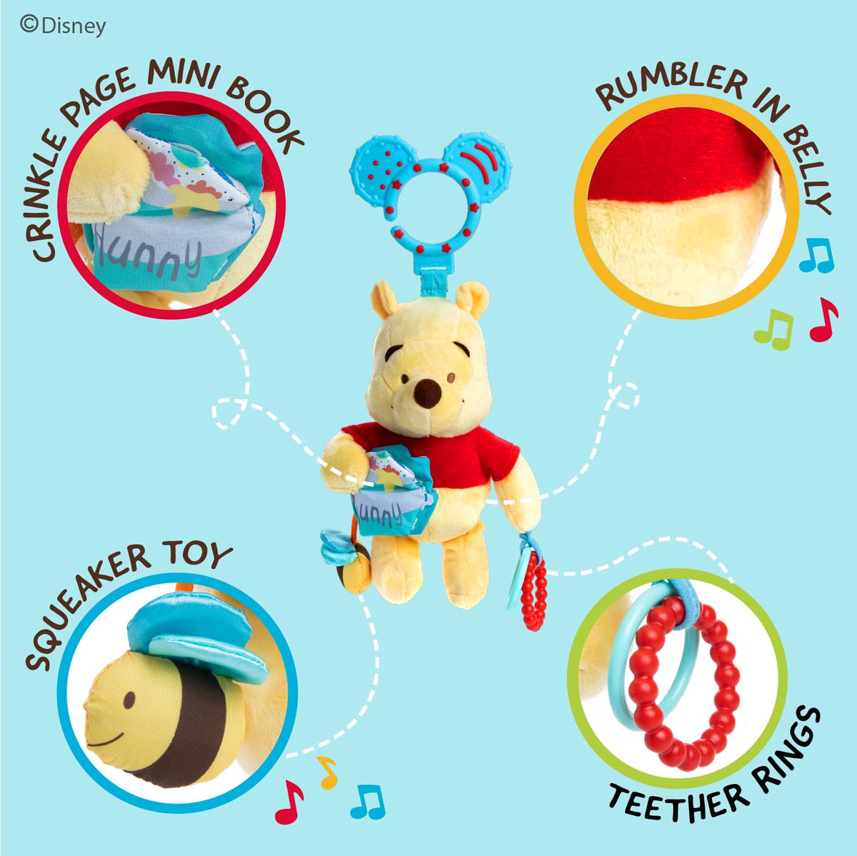Disney Winnie the Pooh crinkle honey pot with peek-a-boo flap for discovery.