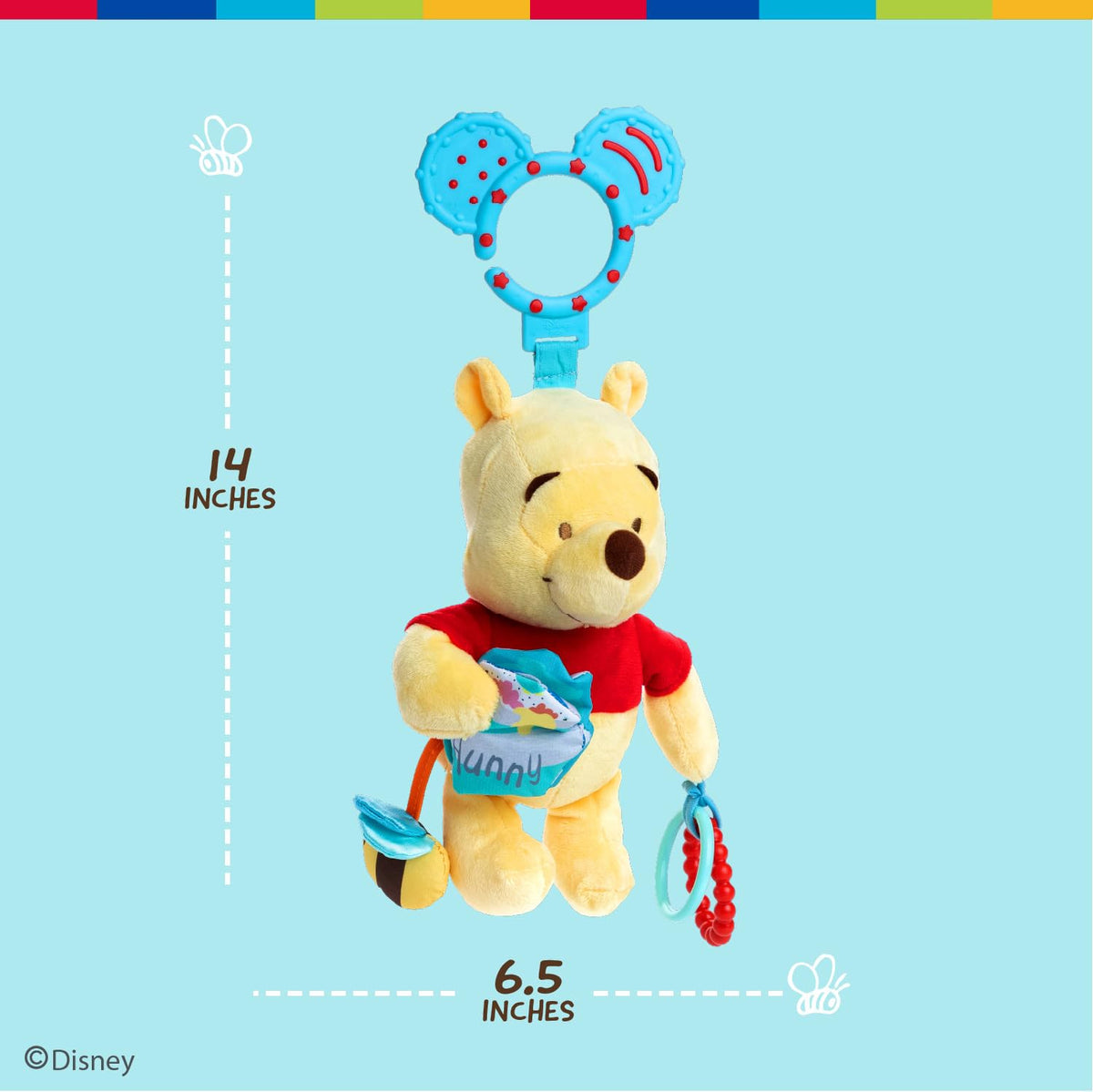 Disney Winnie the Pooh squeaker and chime add gentle sounds for engagement.