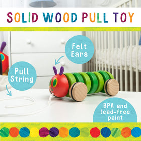 Kids Preferred World of Eric Carle Hungry Caterpillar pull toy, side view, smooth wheels aid toddlers' rolling