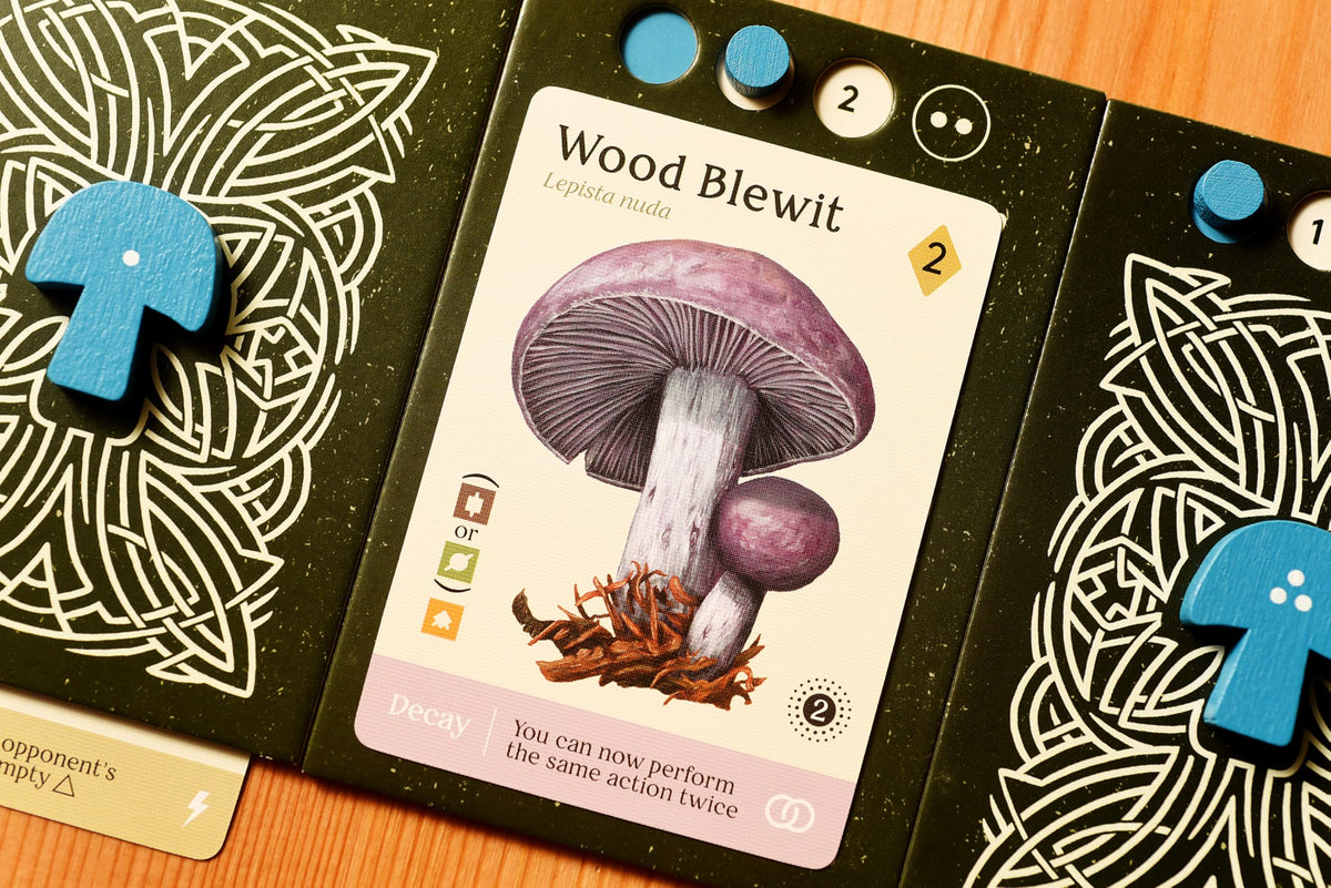 Mycelia action pieces highlight choices that influence future tile placement.