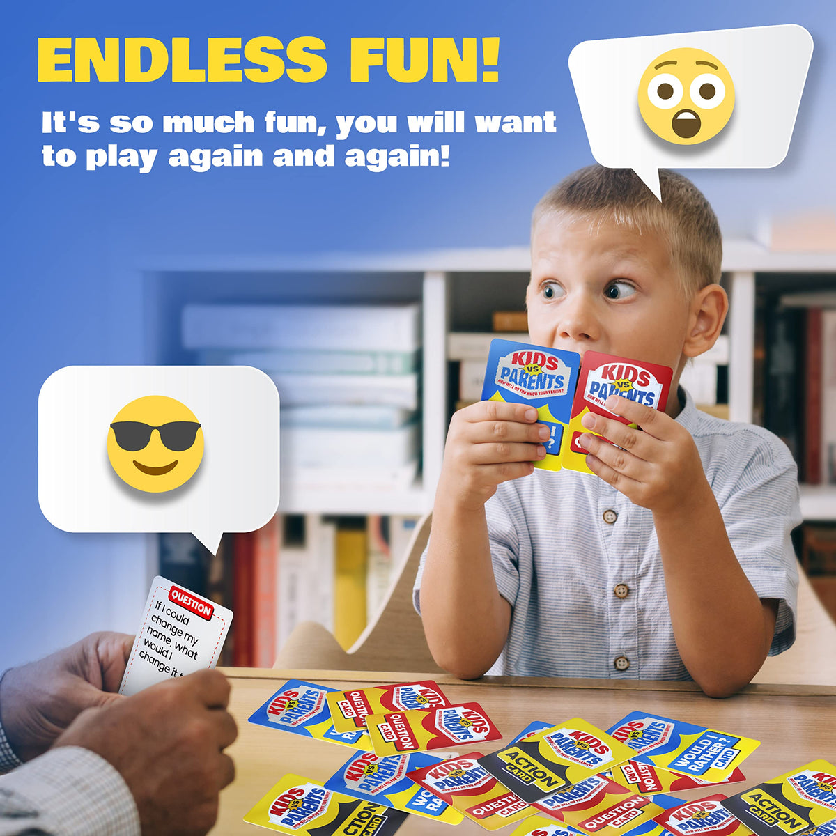 Kids VS Parents four-plus friendly design card is easy for all ages.