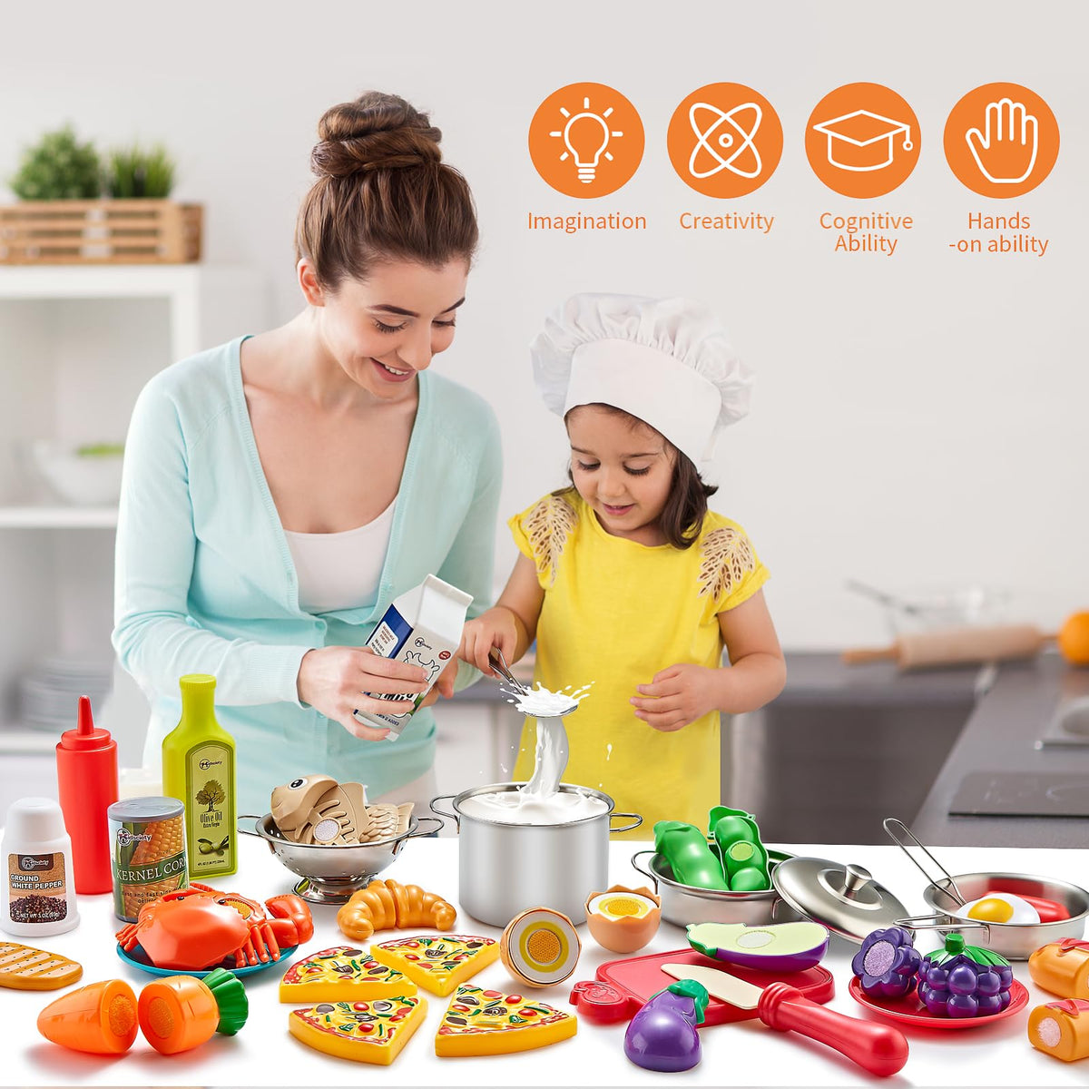 Kidsciety 52pc toy-food collection for safe, engaging kitchen role play.