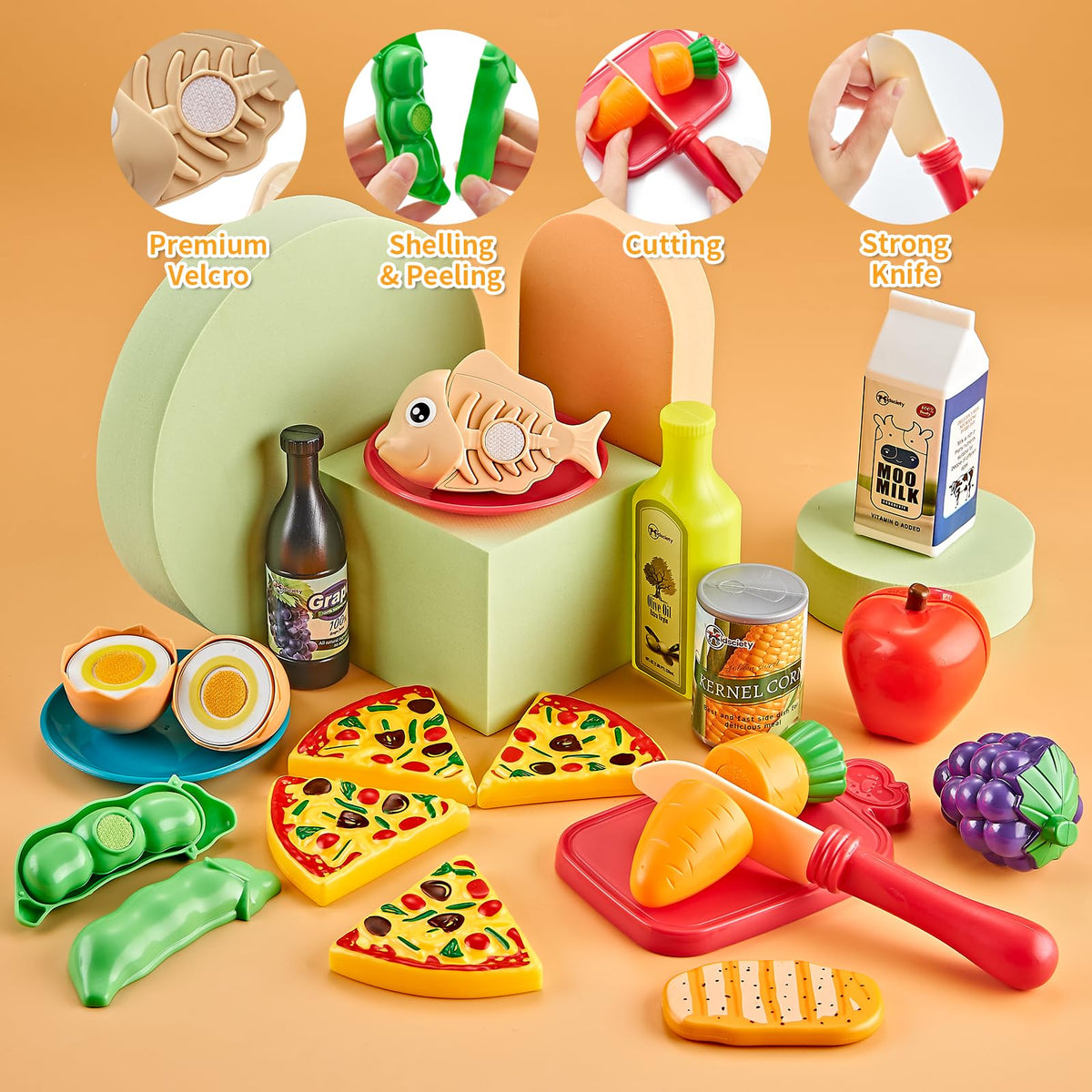 Kidsciety pizza and hotdog set enables assemble-and-serve pretend meals.
