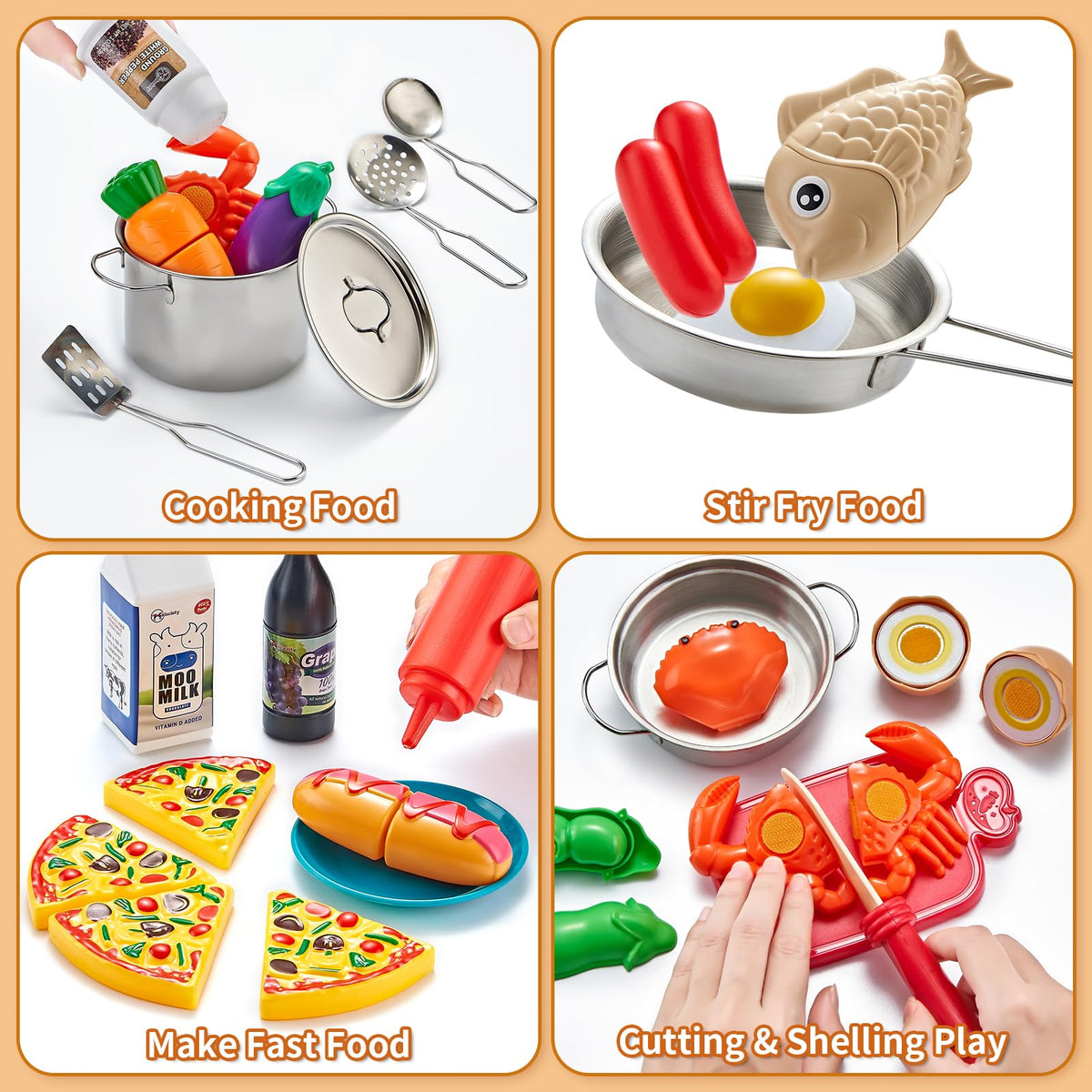 Kidsciety stainless steel cookware provides durable, easy-to-clean play pots and pans.