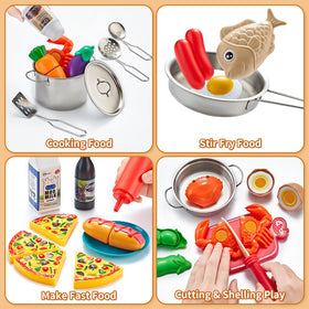 Kidsciety stainless steel cookware provides durable, easy-to-clean play pots and pans.