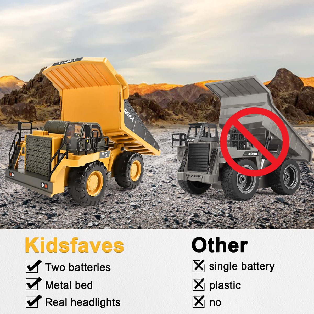 KidsFaves RC dump truck performing a 45-degree dump