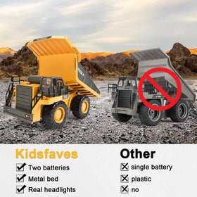 KidsFaves RC dump truck performing a 45-degree dump