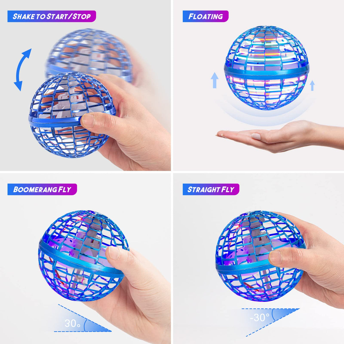 Kidsjoy Fly Orb Hover Ball blue side view showing boomerang-like flight