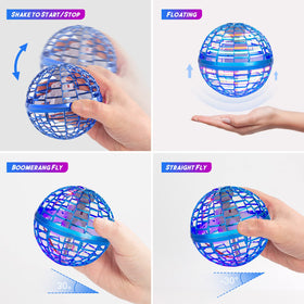 Kidsjoy Fly Orb Hover Ball blue side view showing boomerang-like flight