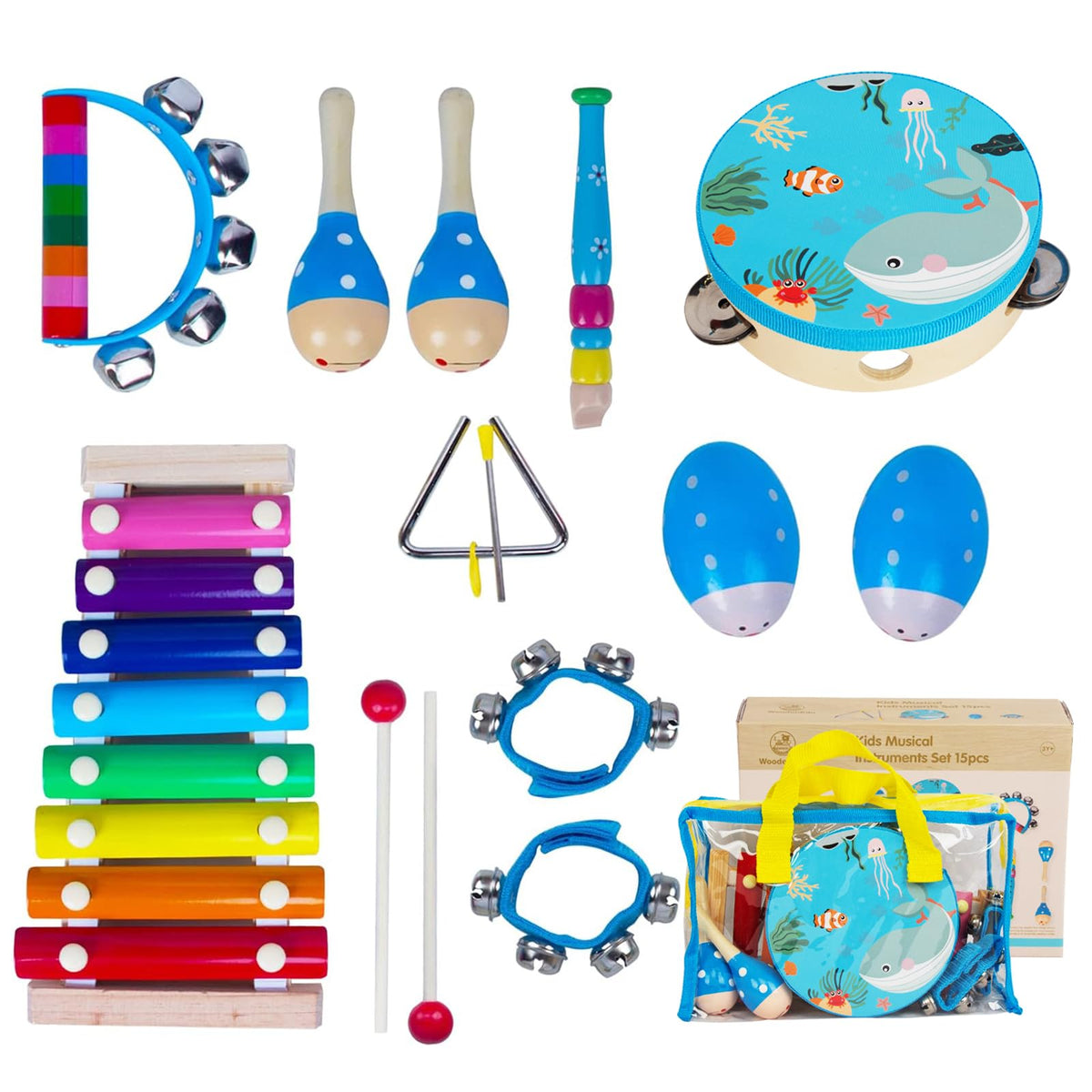 KIDS TOYLAND wooden instruments set for toddlers' sensory exploration.