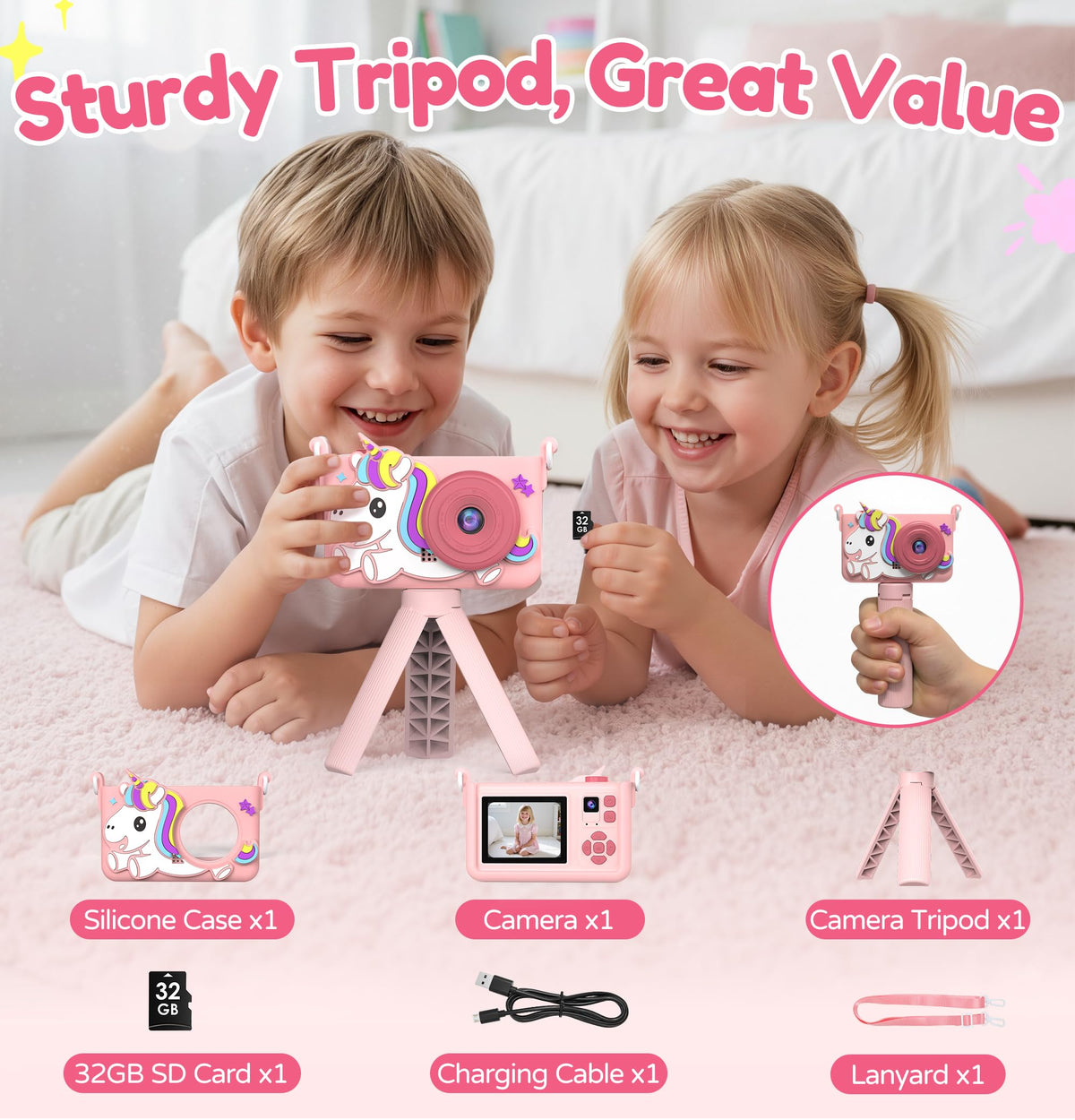 KIDWILL camera records 1080p video and captures 26MP photos for vivid moments.