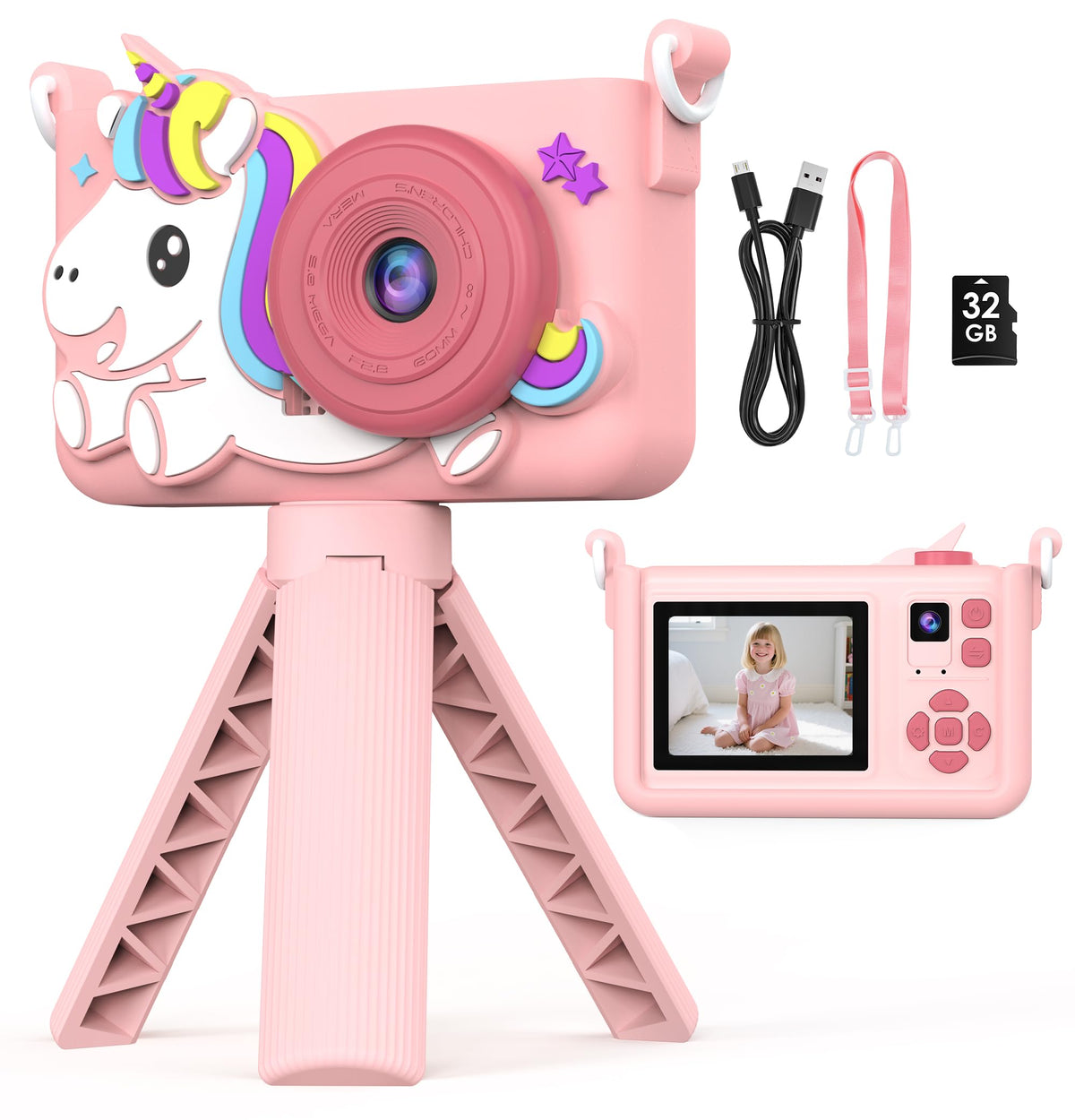 KIDWILL camera with tripod and 32GB card for stable family travel shoots.