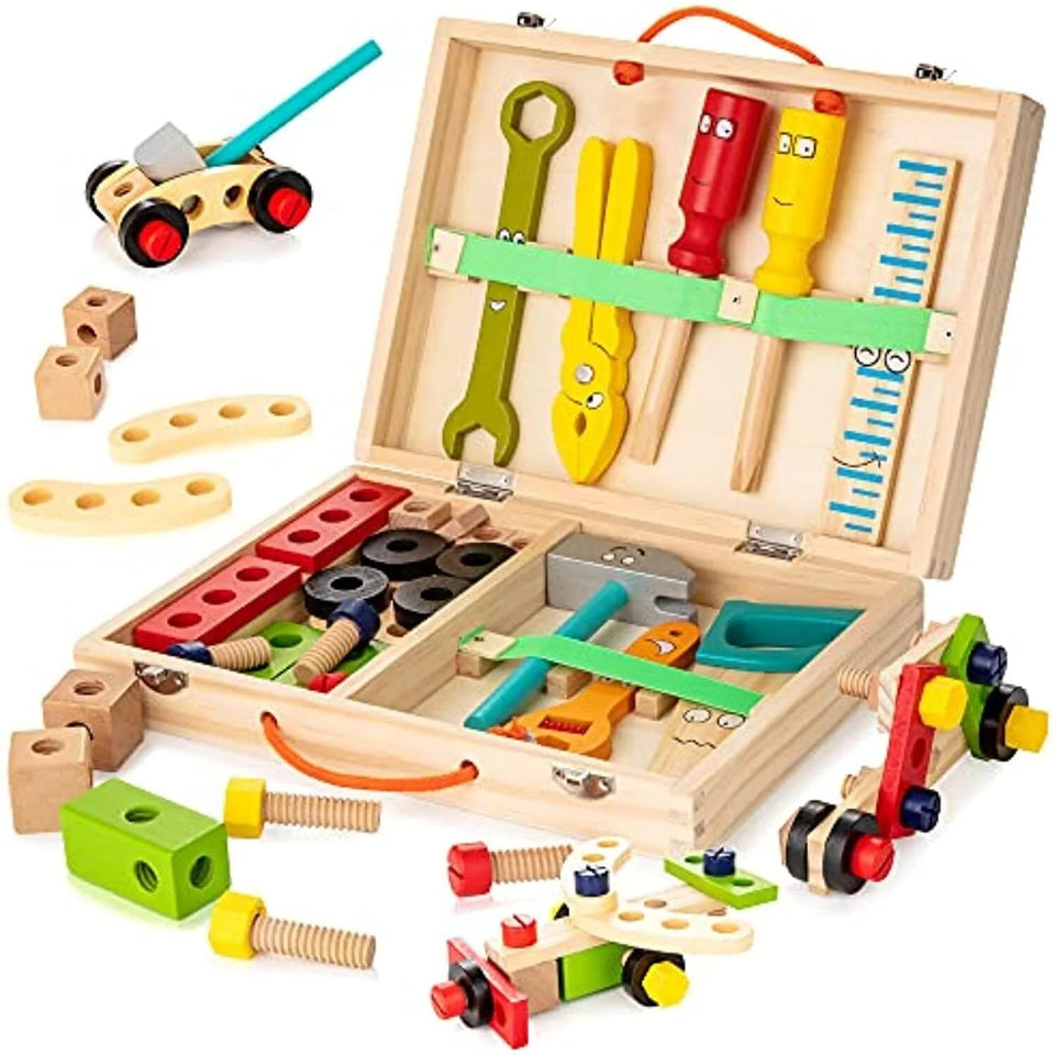 KidWILL wooden toolbox with colorful tools, perfect for organized pretend play and easy cleanup.