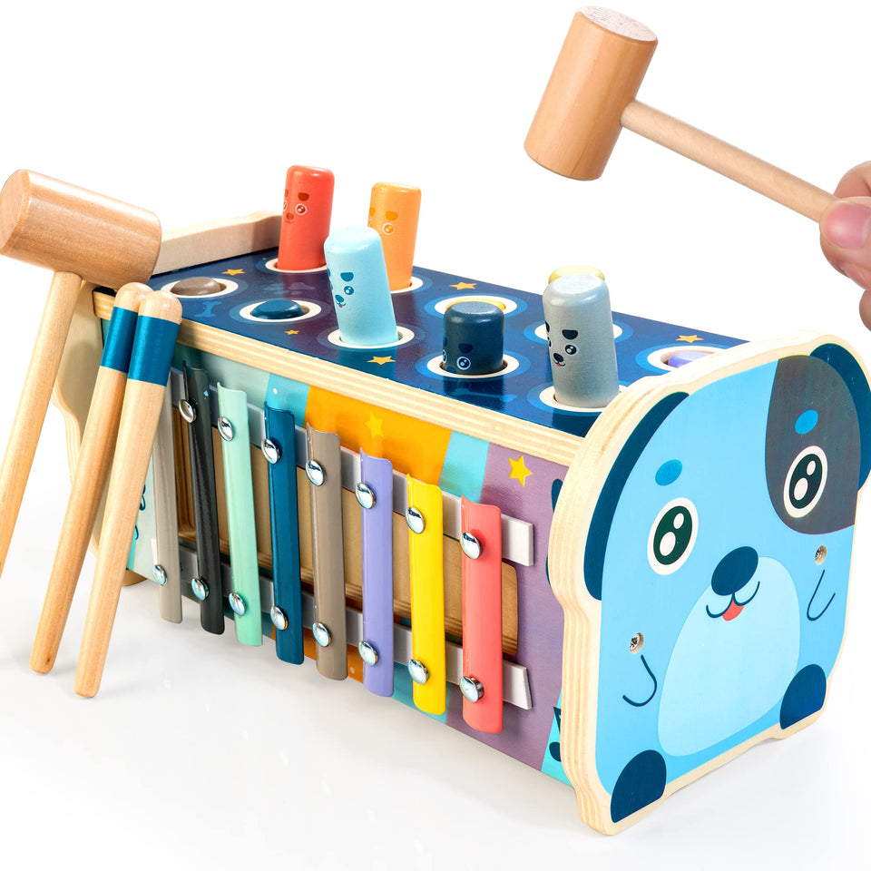 KIDWILL wooden hammering bench enhances hand-eye coordination during play.