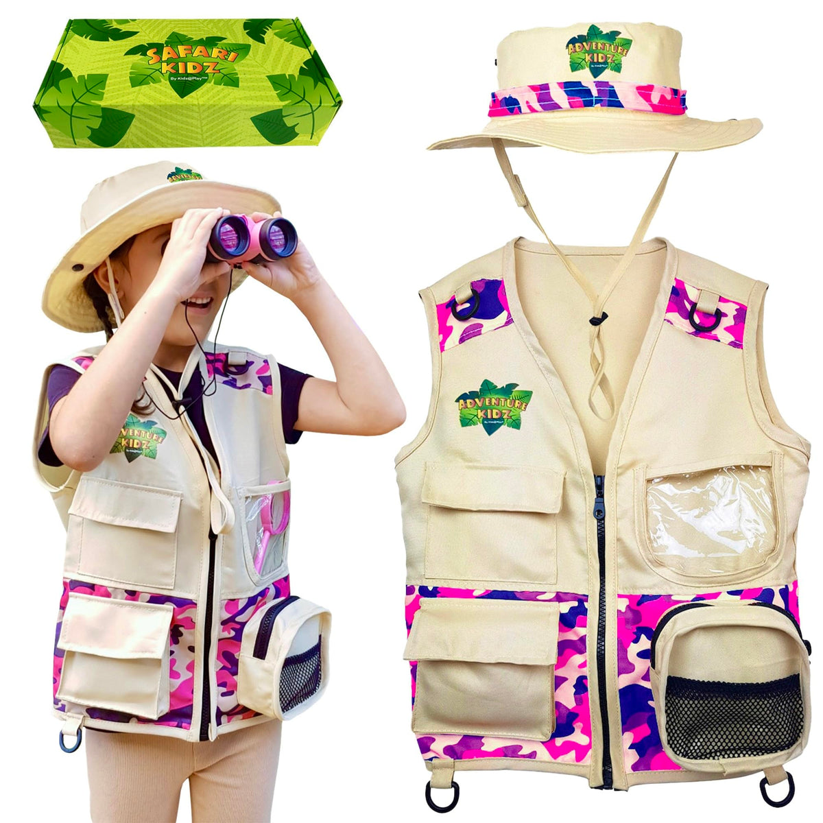 Kidz@Play Safari Outdoor Explorer Kit pink camouflage hat with wide brim for sun protection.