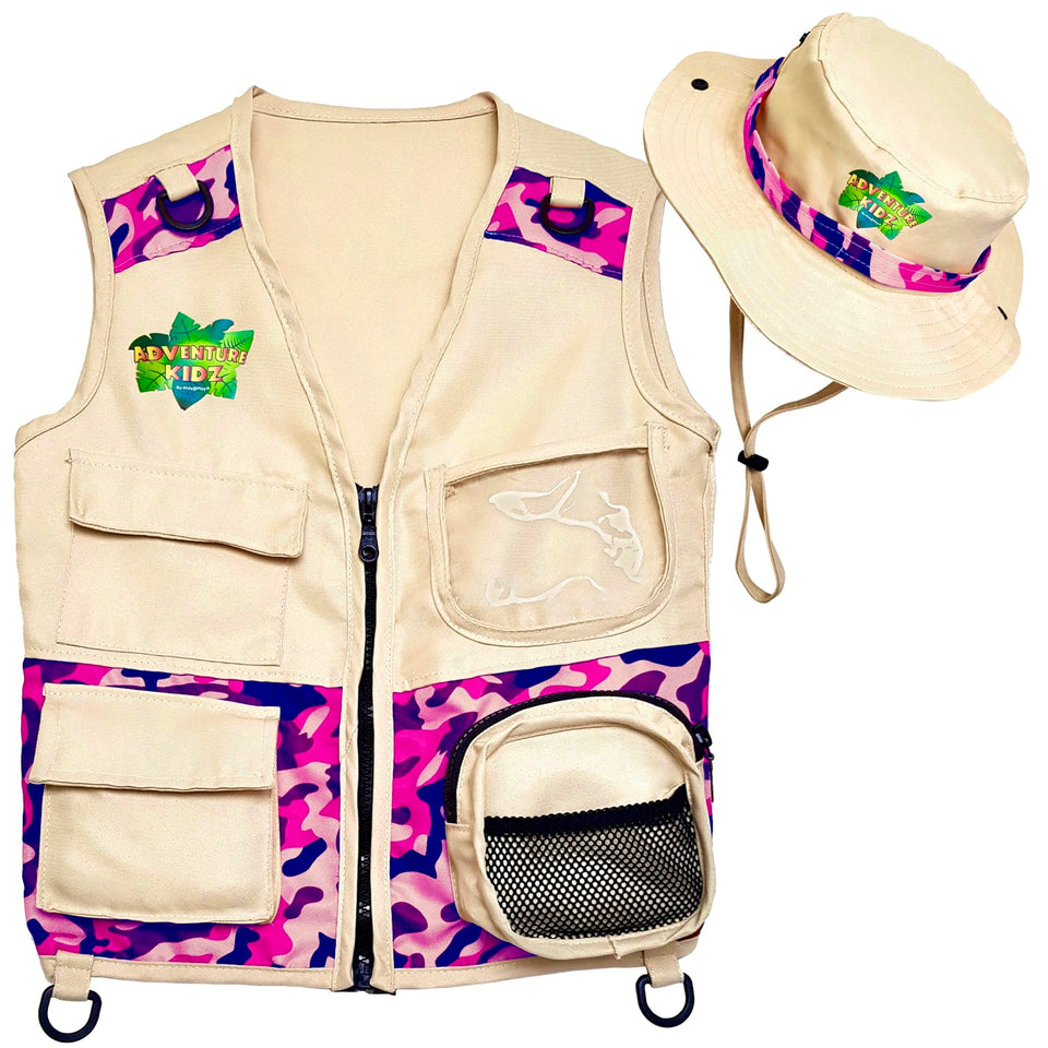 Kidz@Play Safari Outdoor Explorer Kit vest in pink camouflage, durable and washable for adventures.