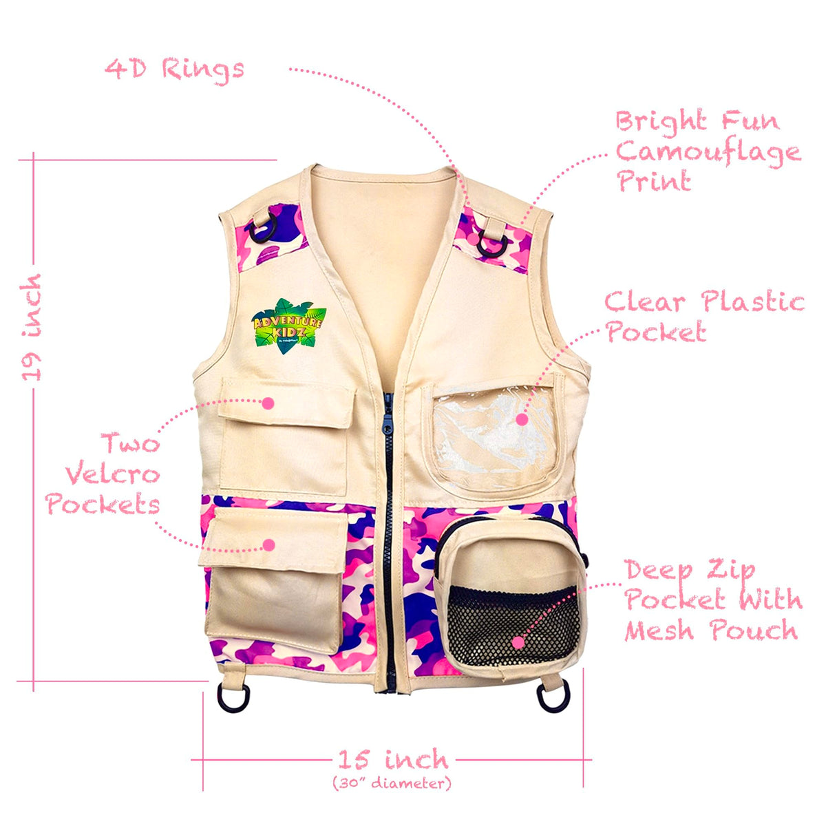 Kidz@Play vest close-up showing durable stitching and pockets for essentials.