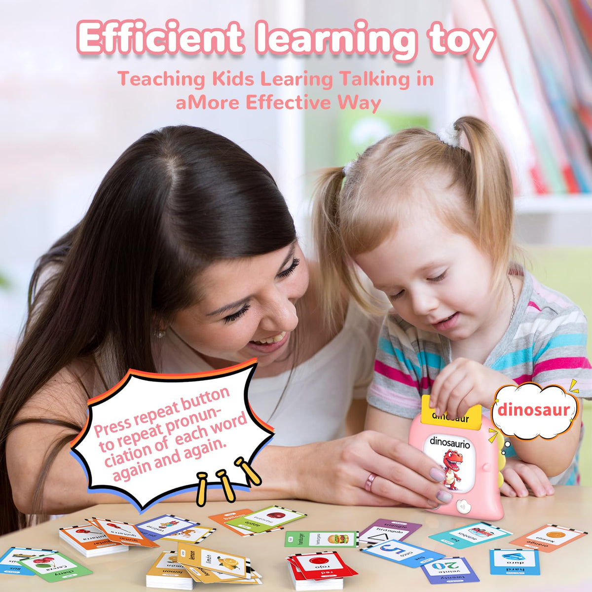 Kidz do 520 bilingual flash cards spread on a table displaying topics like ABCs and animals.