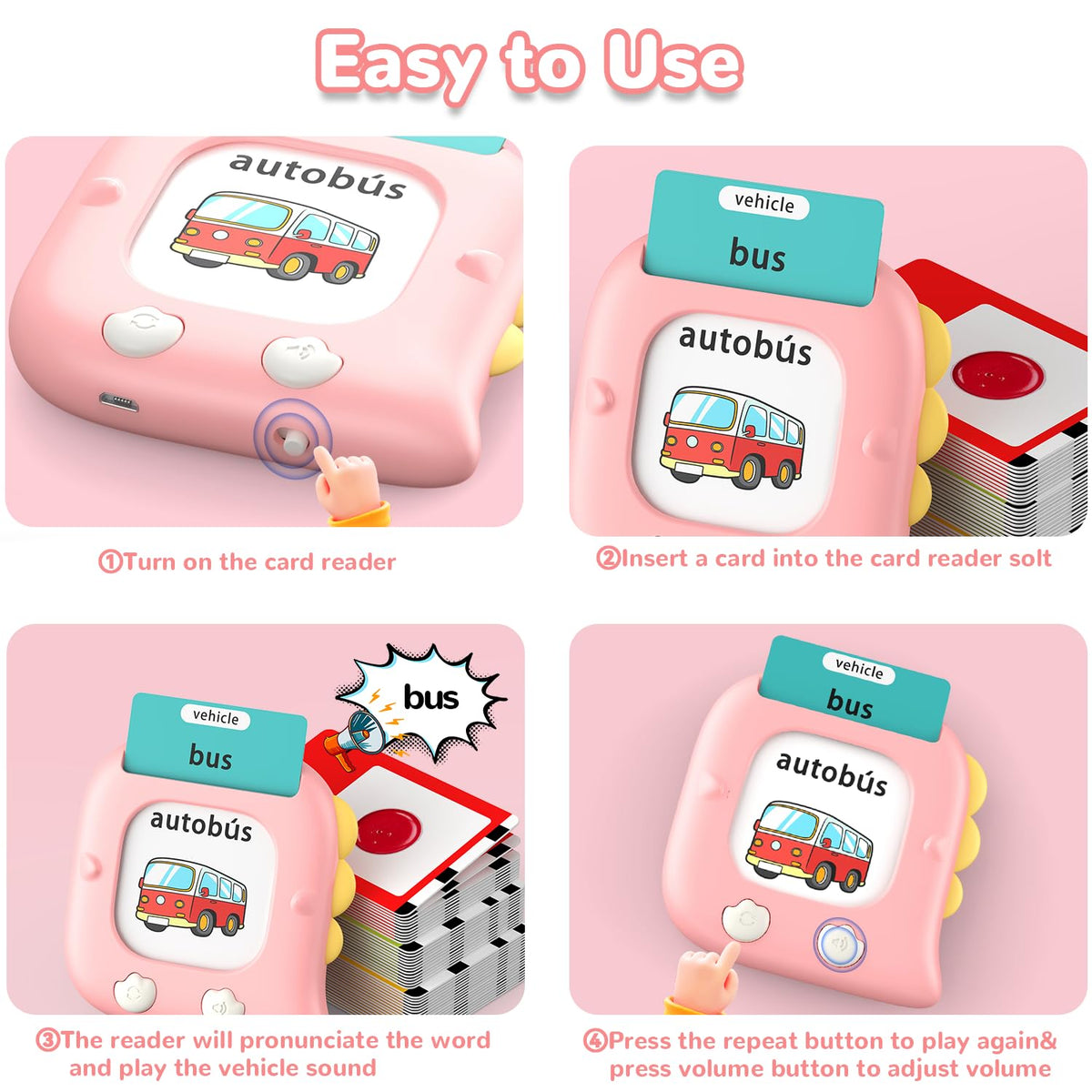 Kidz do 520 bilingual flash cards device in use demonstrating playback of words.