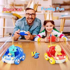 Kidz do blue dinosaur RC car side angle for racing with friends.