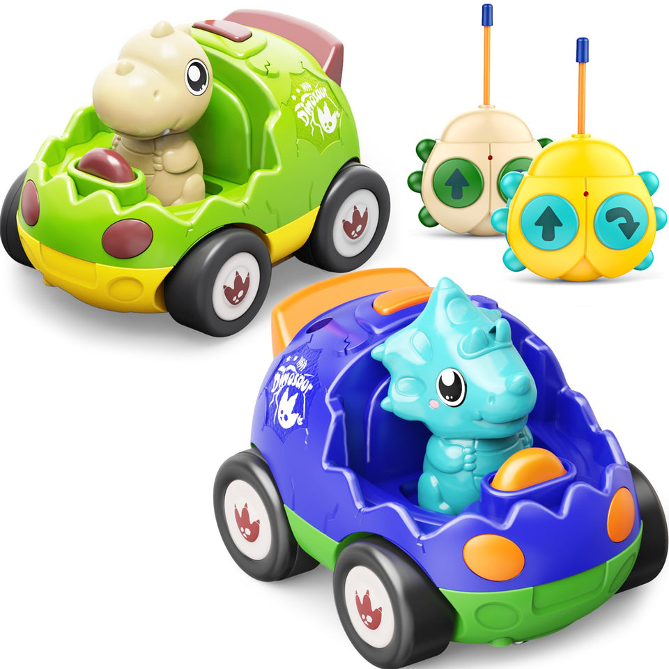Kidz do dinosaur RC cars in green and blue set for dual play and races.