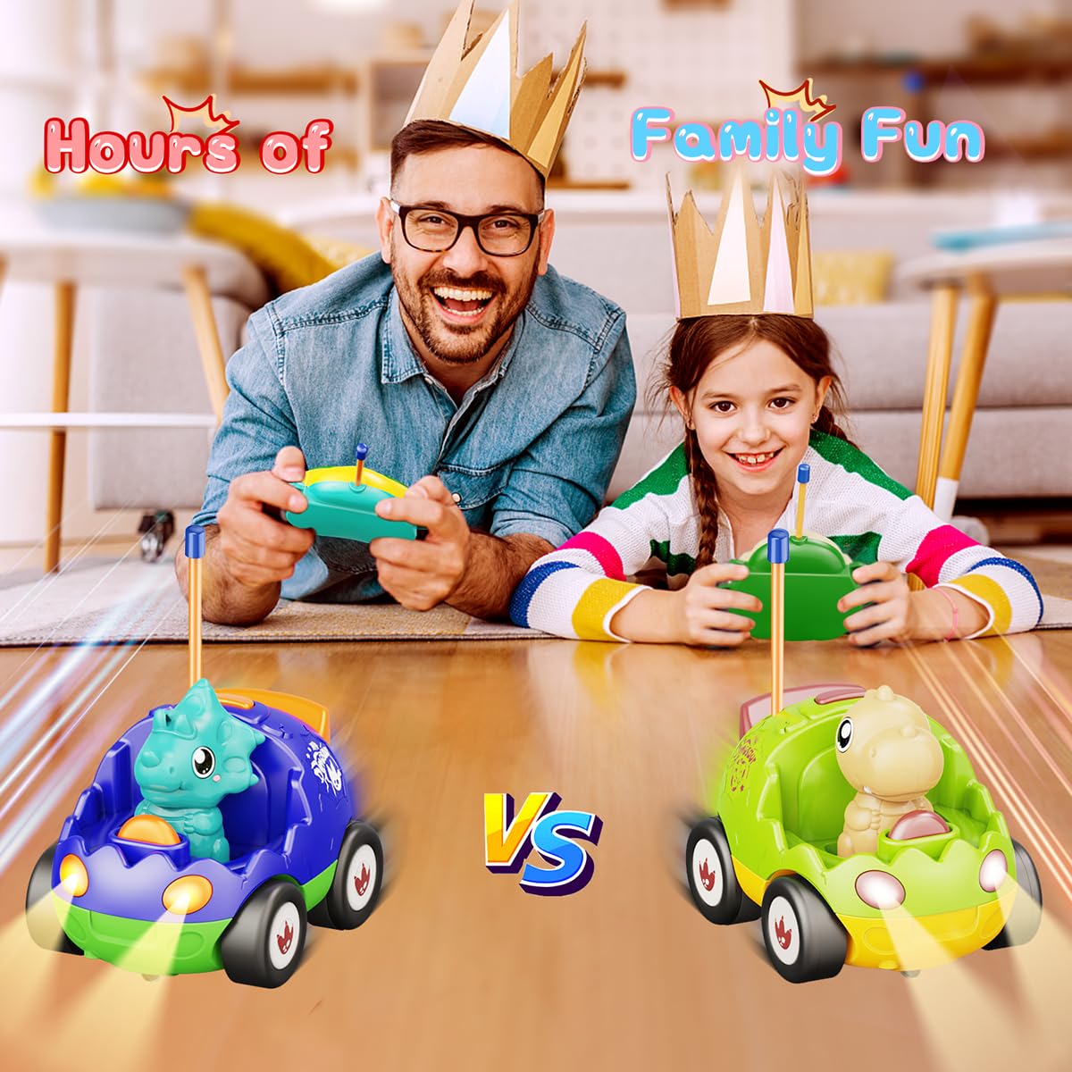 Dinosaur RC car shown on a hard flat surface for smooth travel.