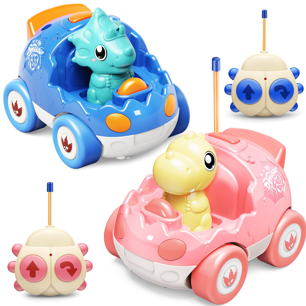 Kidz do two-pack pink dinosaur RC cars for toddlers, easy remote control fun.