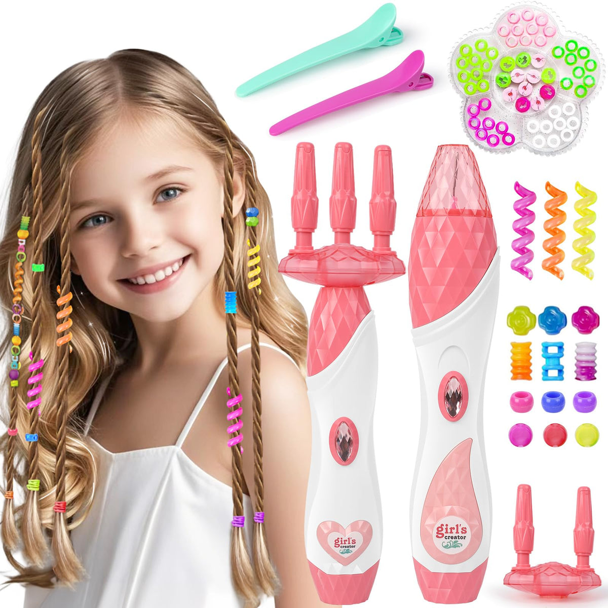 Kidzkube hair braiding machine display shows quick, creative hairstyles