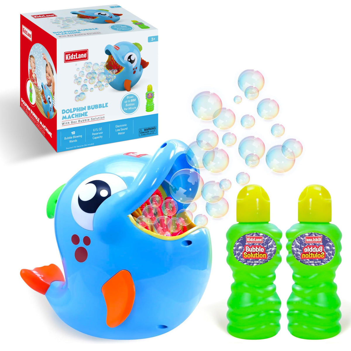 Kidzlane Bubble Dolphin Machine creating giant bubbles for outdoor play and parties.