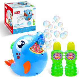 Kidzlane Bubble Dolphin Machine creating giant bubbles for outdoor play and parties.