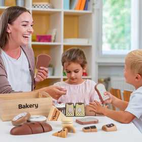 kienvy bakery wooden cheese block with cut lines encouraging cutting play and kitchen pretend scenarios
