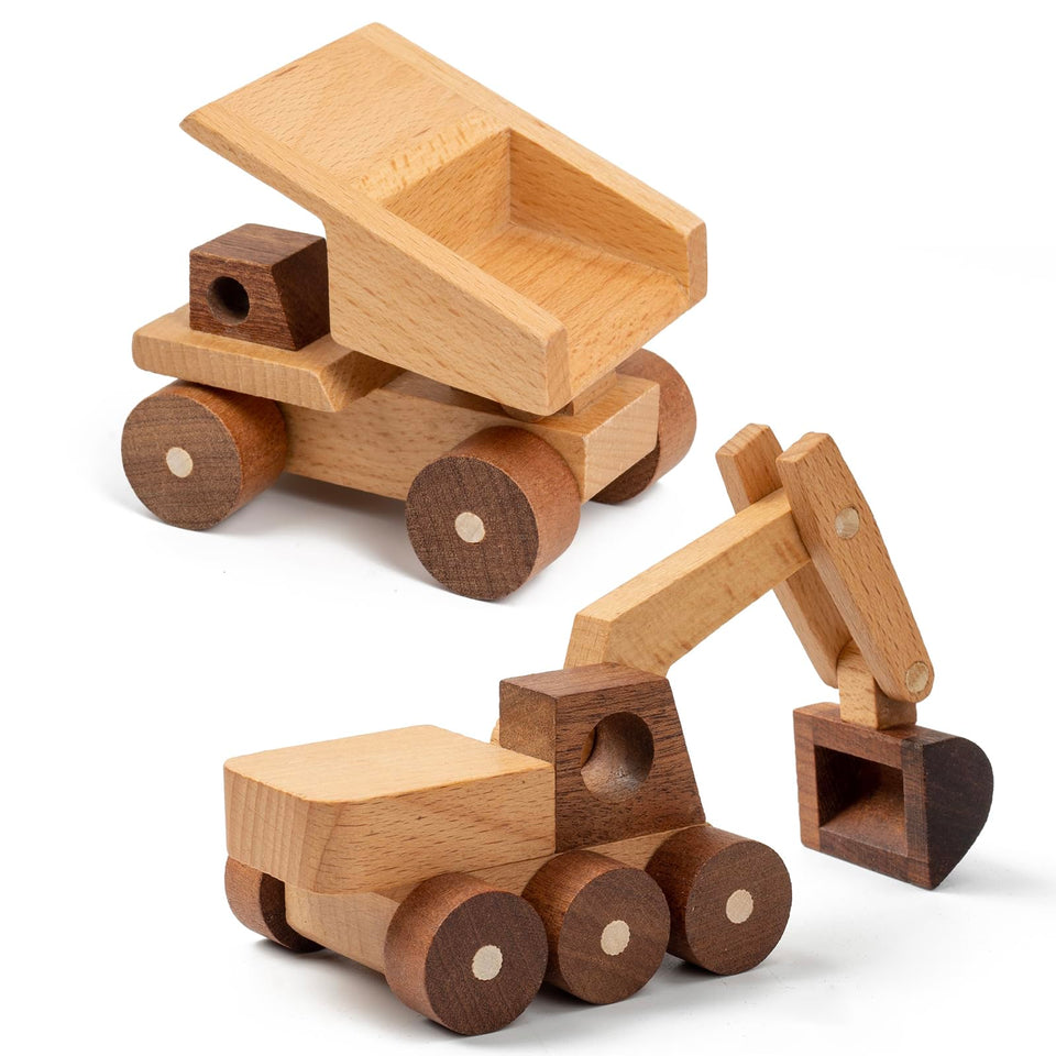 Kienvy wooden construction set with excavator and dump truck for imaginative play and fine motor practice