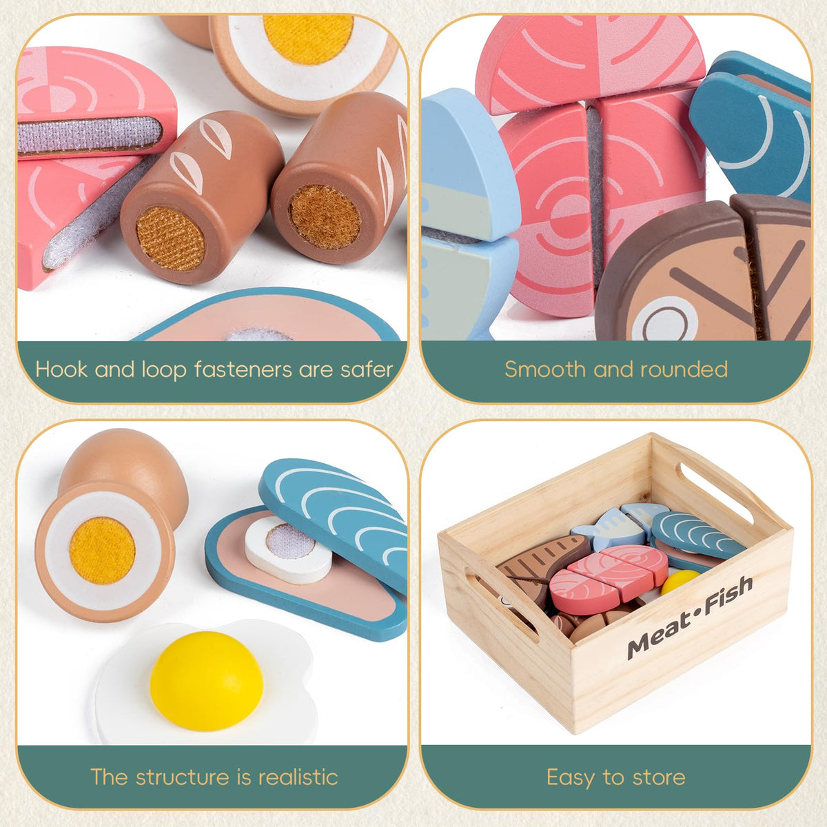 Kienvy wooden bacon strips enhance kitchen pretend play with crunchy visuals.