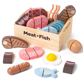 Kienvy wooden pork chop for pretend play, durable and realistic for creative kitchen games.