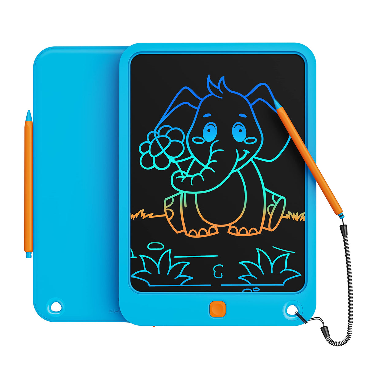 Kikapabi LCD writing tablet front view with blue screen for colorful doodles.