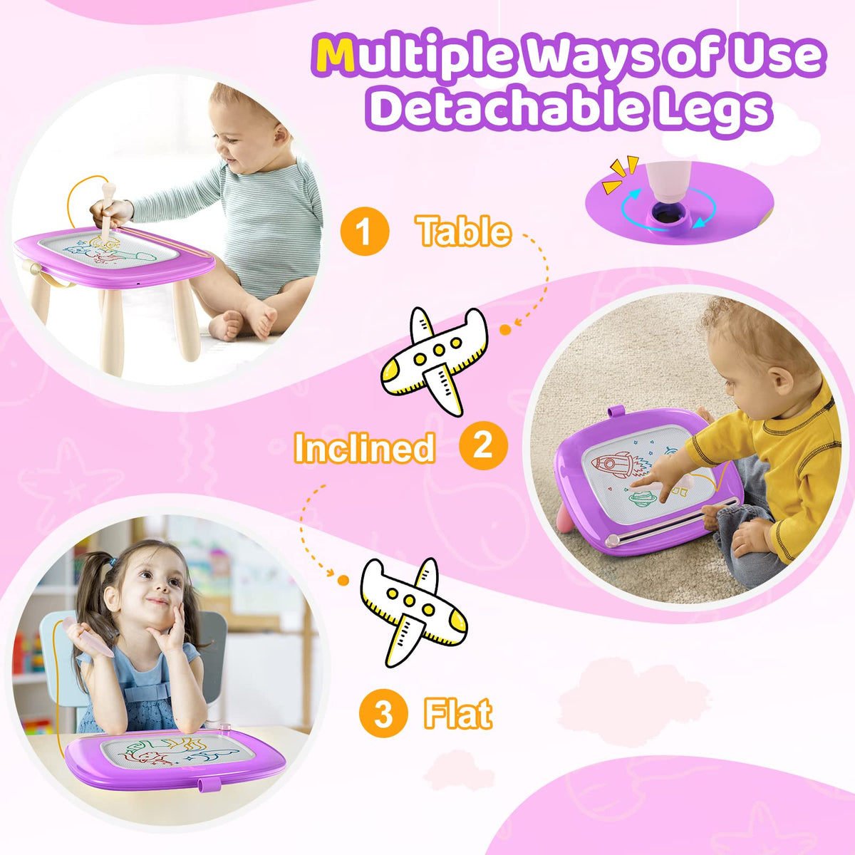 Kikidex drawing board with height-adjustable legs for growing comfort