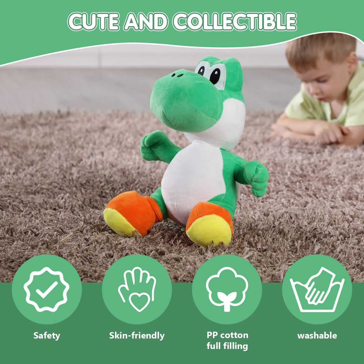 KILATIVE Yoshi plush toy, 13-inch green, back view showing stitching quality.