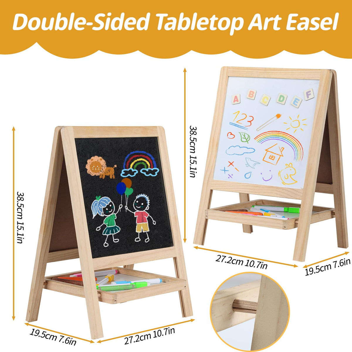 Kileubuto chalkboard and whiteboard sides enable mess-free drawing for kids.