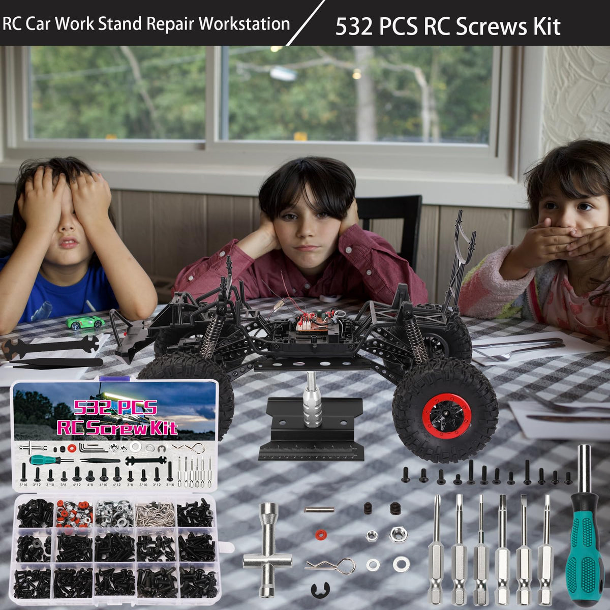 Kimapeso RC work station with universal screw kit laid out for builds.